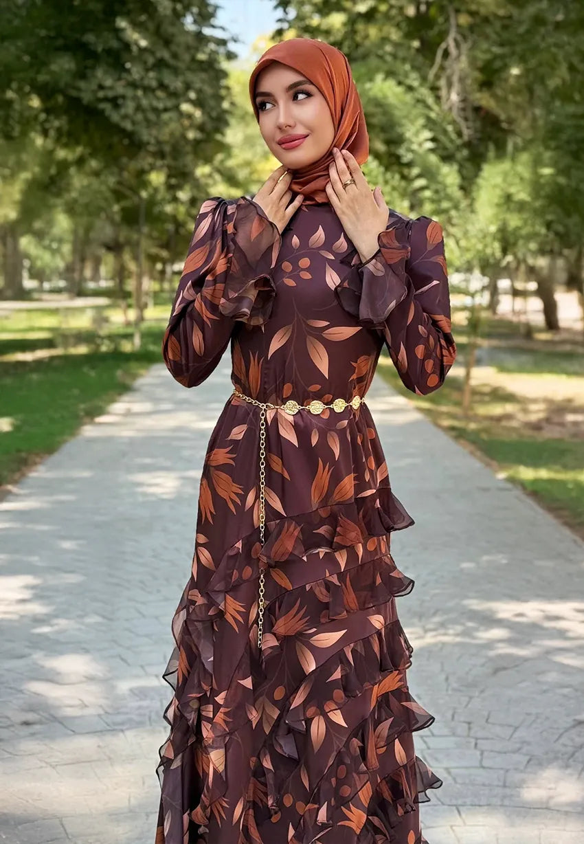 Çiçek Baskılı Maxi Elbise - Tesettür Giyim - Gündüz / Gece