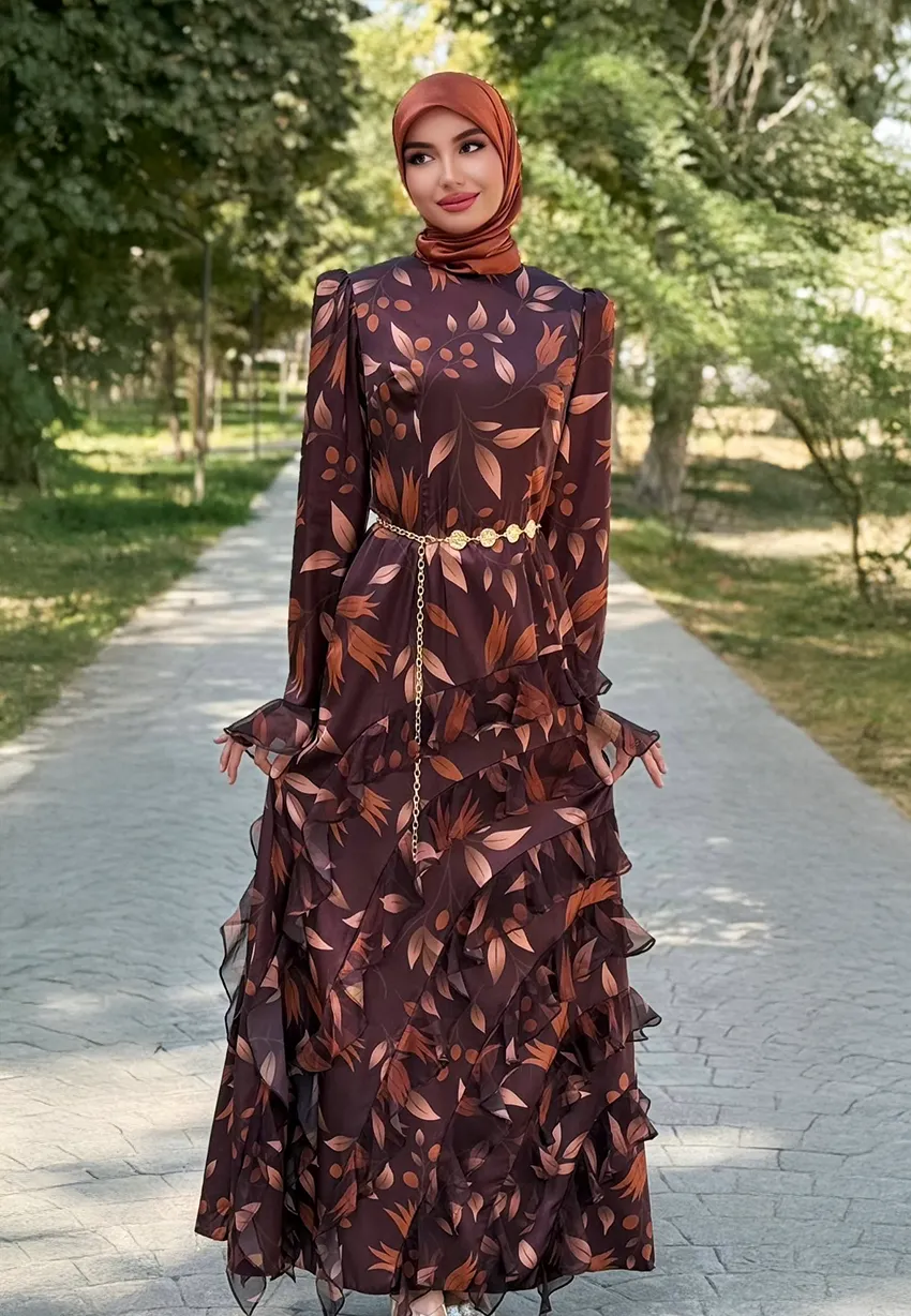 Çiçek Baskılı Maxi Elbise - Tesettür Giyim - Gündüz / Gece