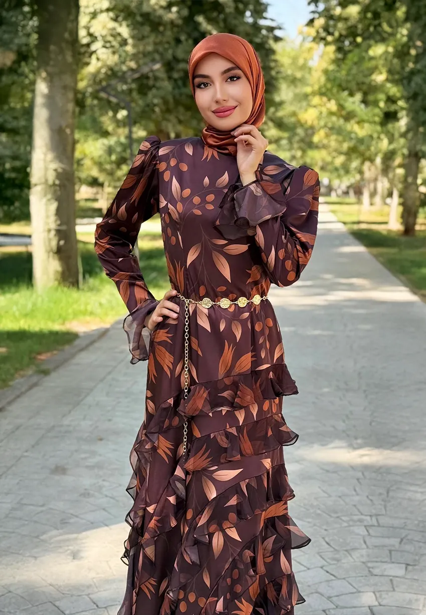 Çiçek Baskılı Maxi Elbise - Tesettür Giyim - Gündüz / Gece