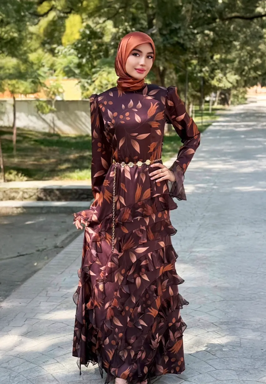 Çiçek Baskılı Maxi Elbise - Tesettür Giyim - Gündüz / Gece