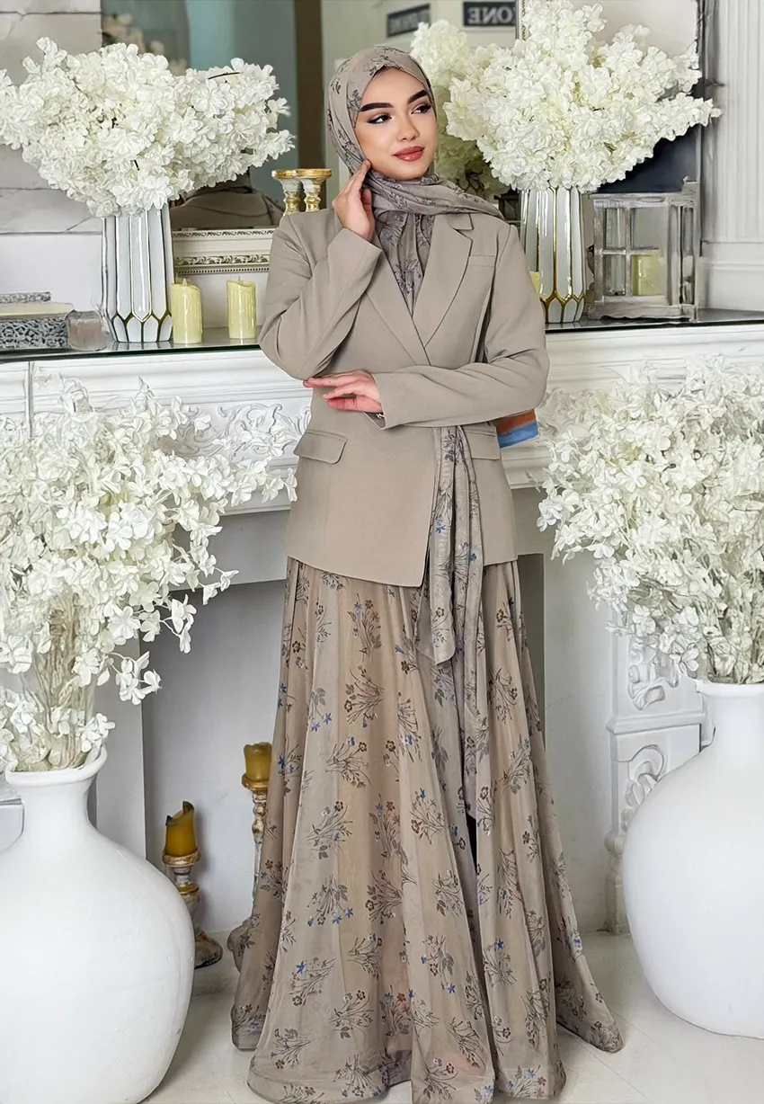 Kadın Tesettür İkili Takım –Bej Ceket & Daire Grenli Etek - Bej - Beden 38