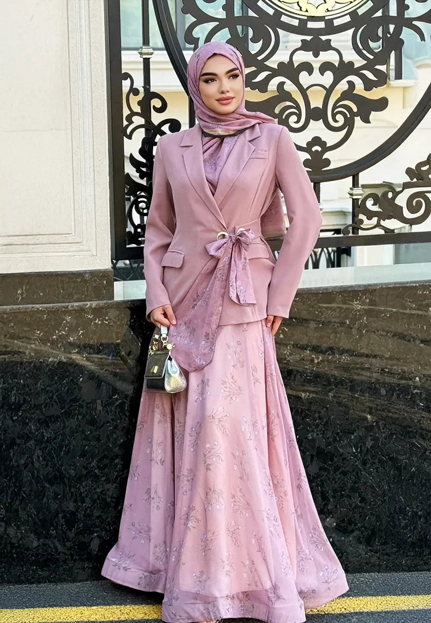 Kadın Tesettür İkili Takım – Pudra Ceket & Daire Grenli Etek - Pembe - Beden 38