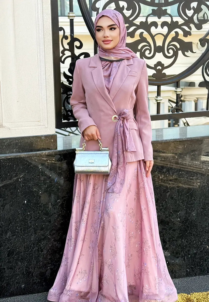 Kadın Tesettür İkili Takım – Pudra Ceket & Daire Grenli Etek - Pembe - Beden 38