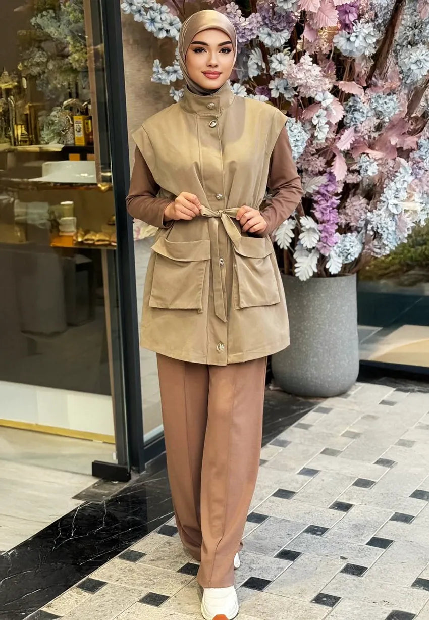 3 lü takım Bej Tesettür Giyim Yelek Sportif