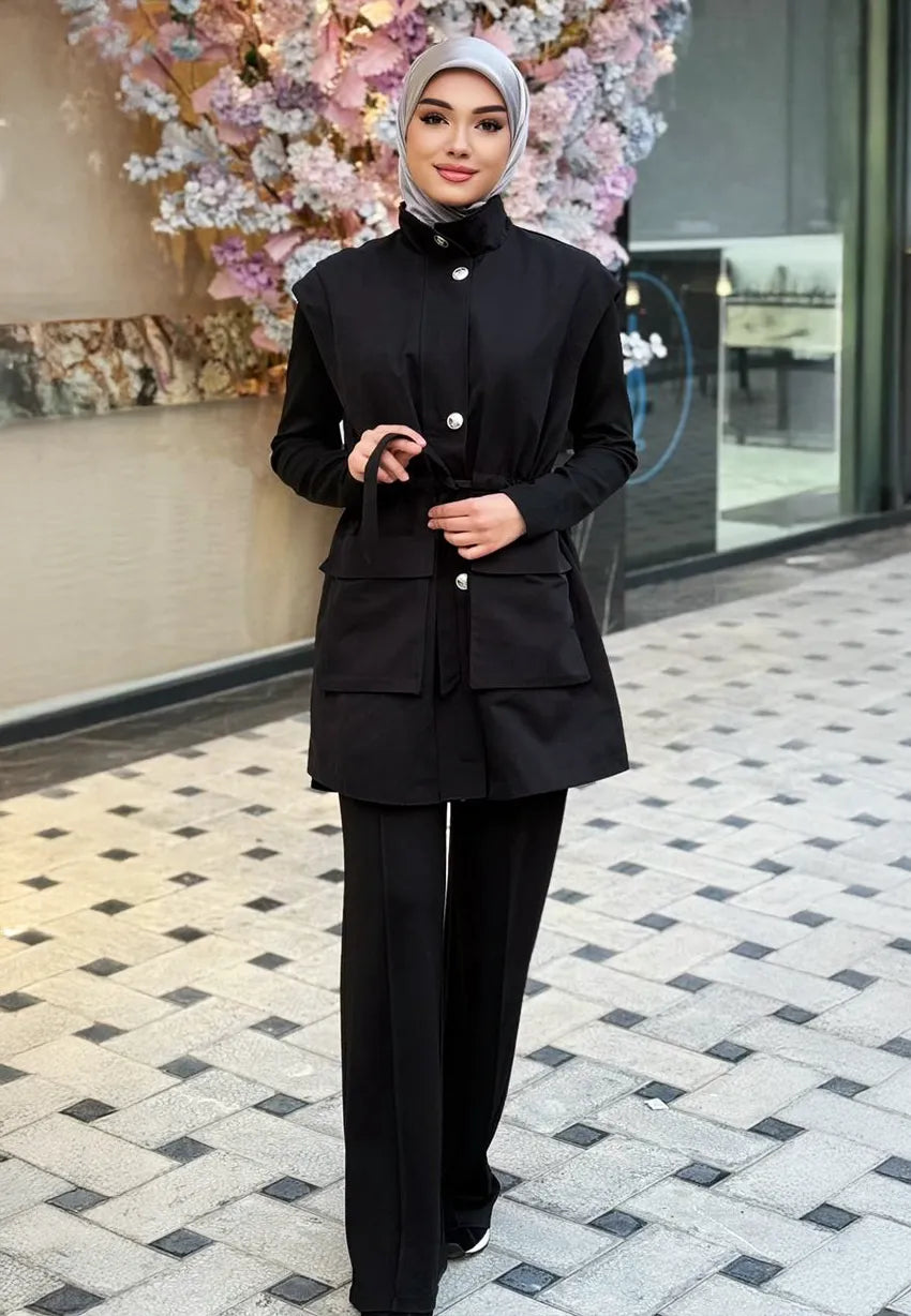 3 lü takım Siyah Tesettür Giyim Alt Üst Sportif Yelek