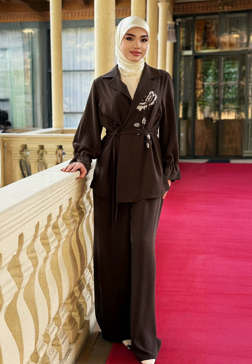 Kadın Tesettür İkili Takım – Ceket & Bol Paça Pantolon - Kahverengi - Beden 42