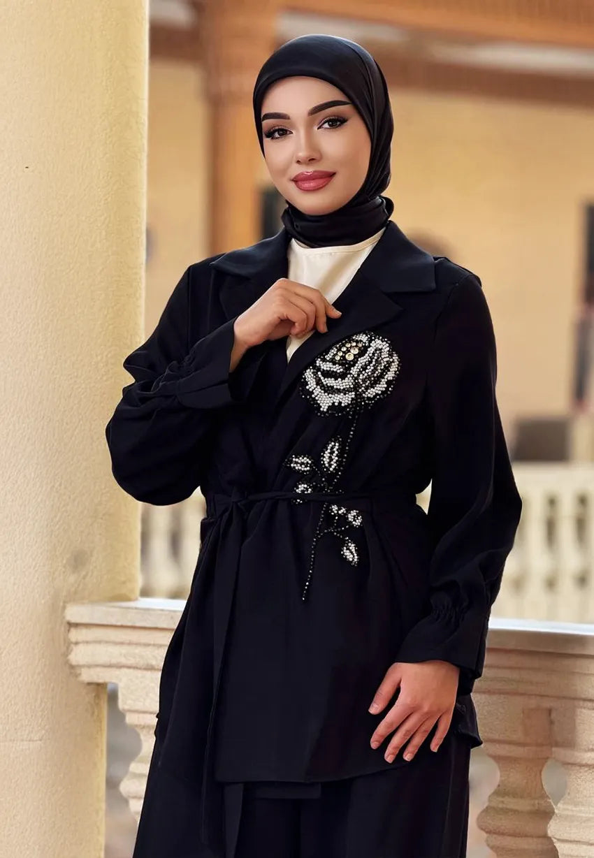 Kadın Tesettür İkili Takım – Siyah Ceket & Bol Paça Pantolon - Siyah - Beden 42