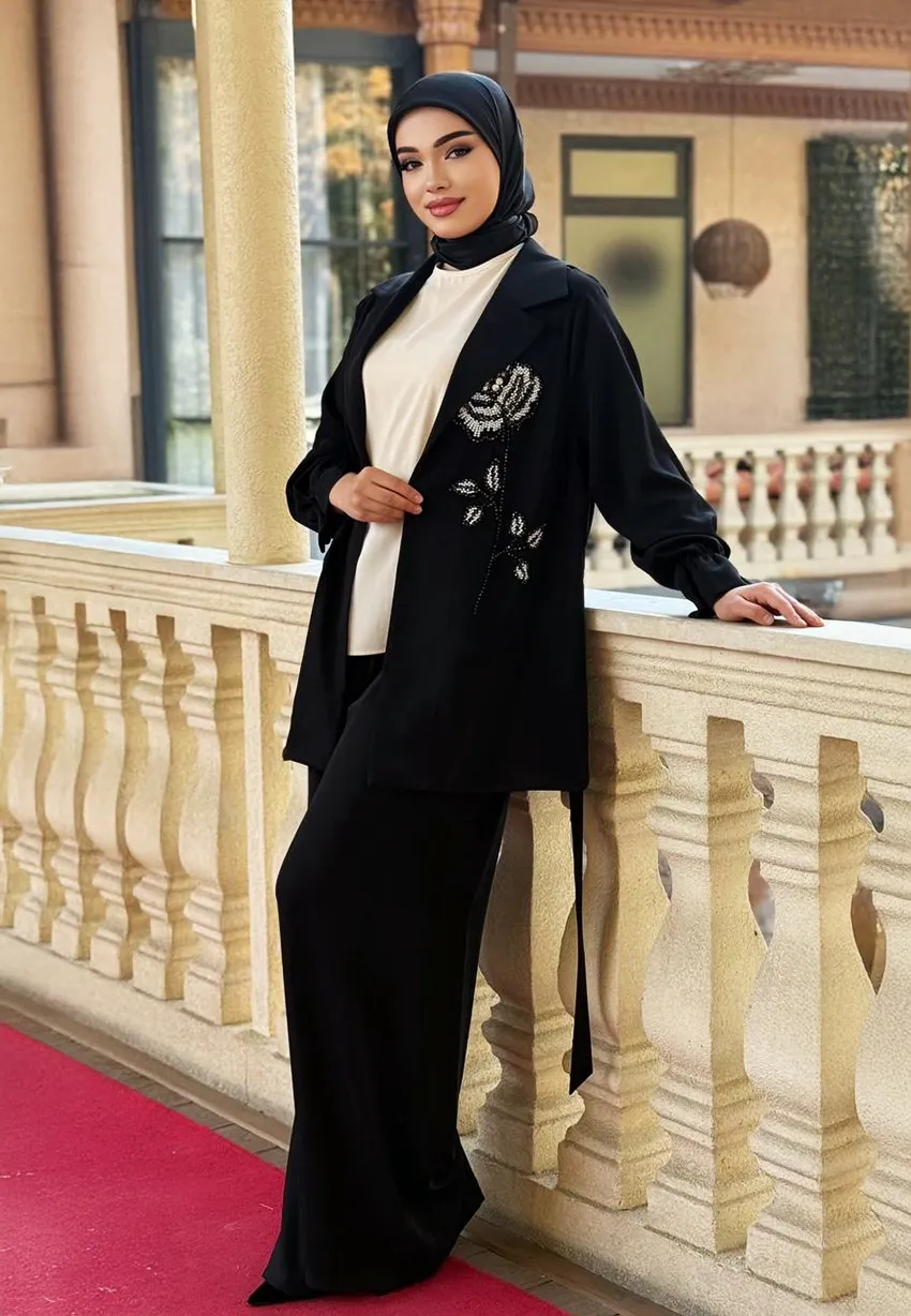 Kadın Tesettür İkili Takım – Siyah Ceket & Bol Paça Pantolon - Siyah - Beden 42