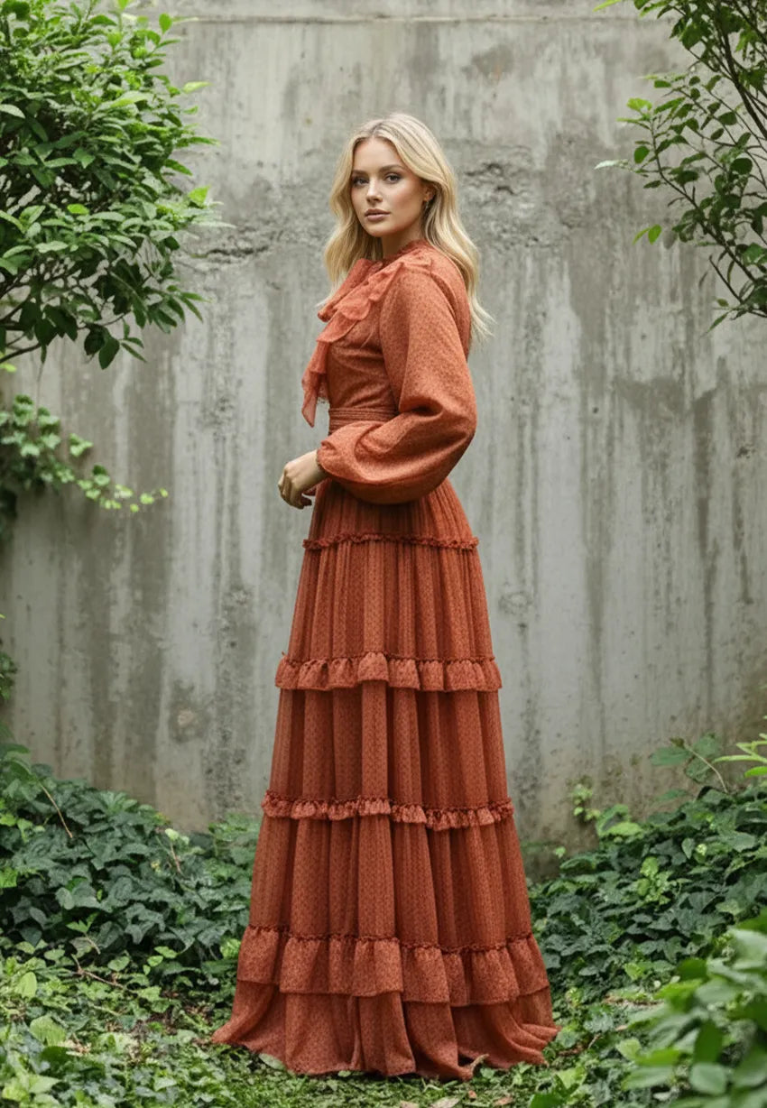 Polka Dot Ribbon Collar Flounce Long Chiffon Dress