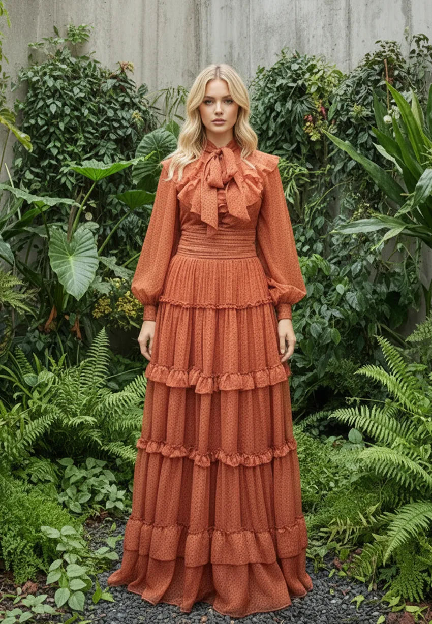 Polka Dot Ribbon Collar Flounce Long Chiffon Dress