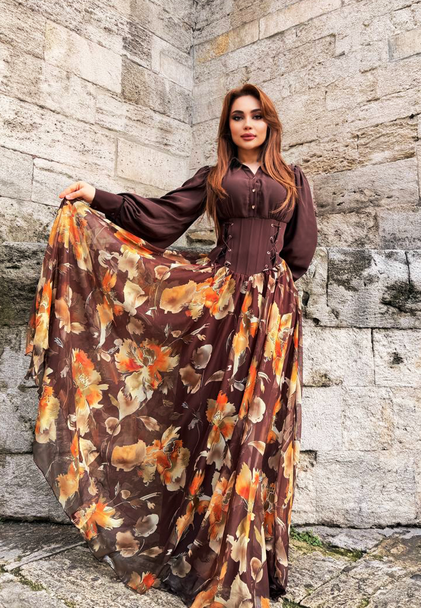Çiçek Desenli Korse Elbise - Romantik Uzun Elbise