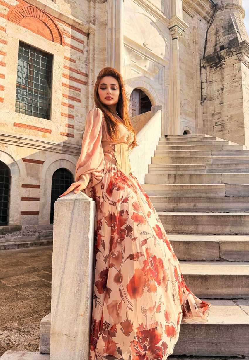 Çiçek Desenli Korse Elbise - Romantik Uzun Elbise