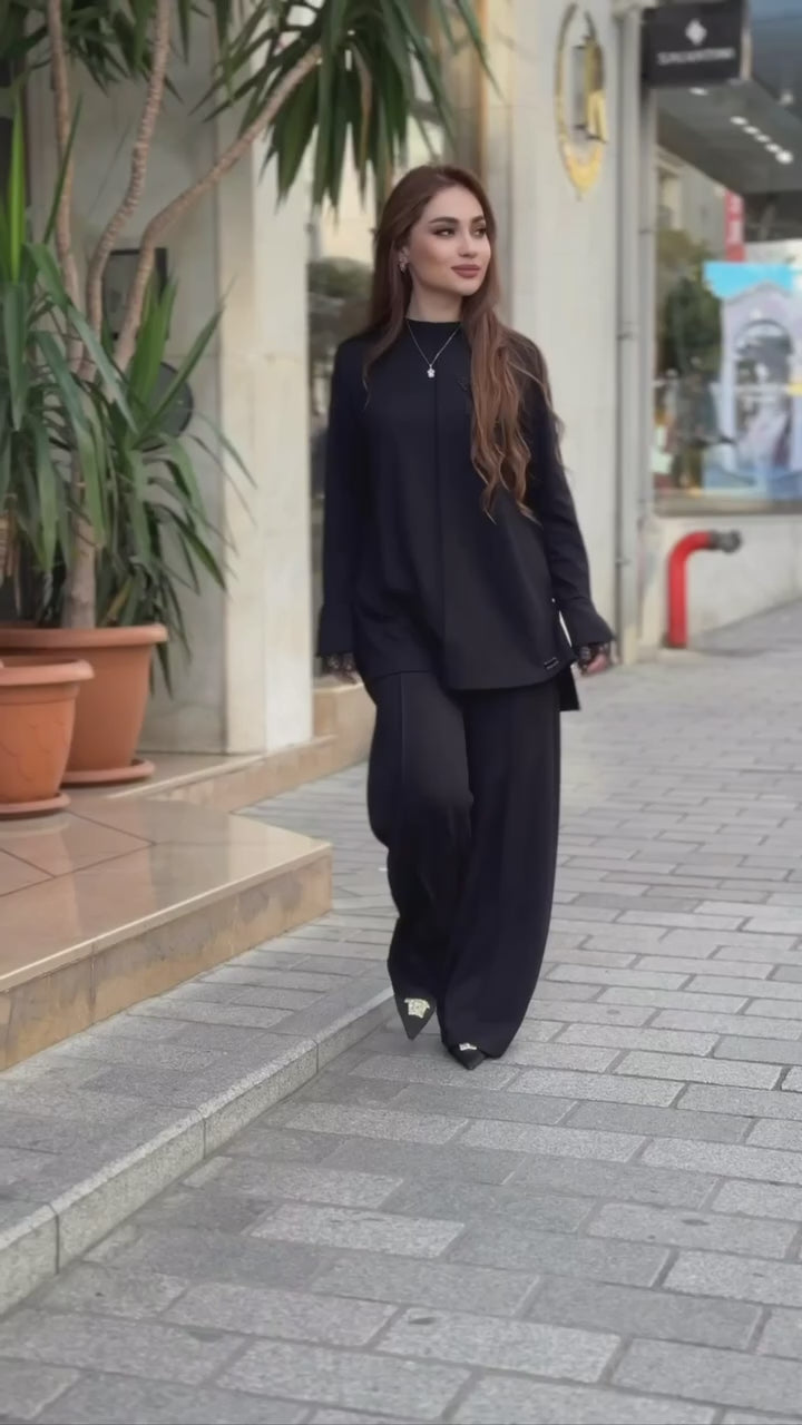 Siyah İkili Takım - Uzun Bluz ve Pantolon, Şık ve Rahat Pamuklu Kumaş