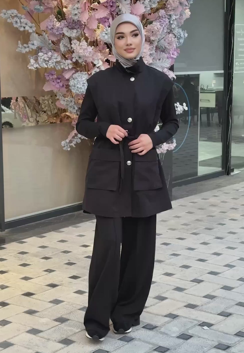 3 lü takım Siyah Tesettür Giyim Alt Üst Sportif Yelek
