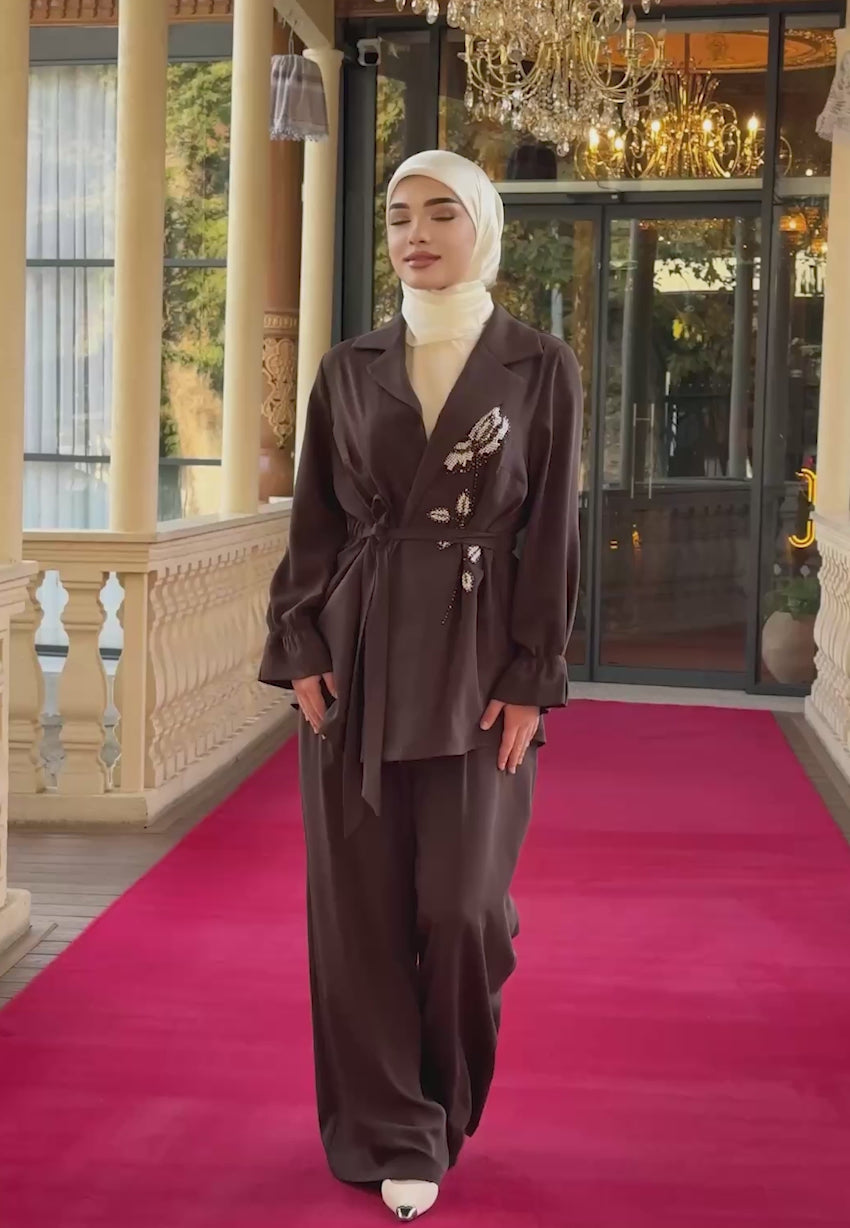 Kadın Tesettür İkili Takım – Ceket & Bol Paça Pantolon - Kahverengi - Beden 42