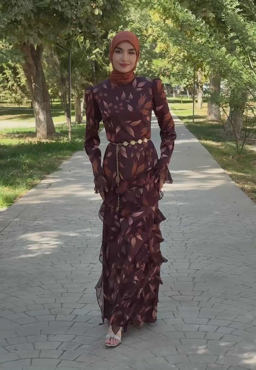 Çiçek Baskılı Maxi Elbise - Tesettür Giyim - Gündüz / Gece