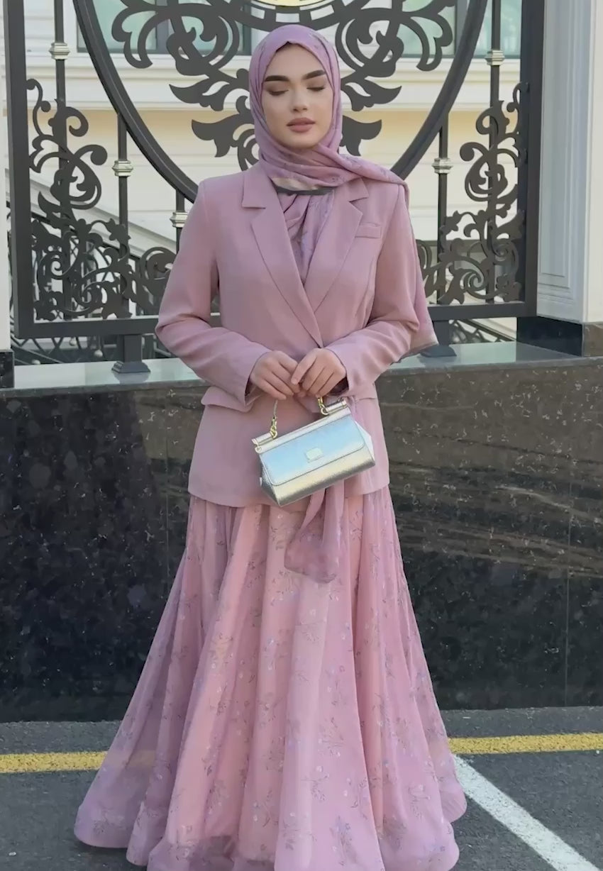Kadın Tesettür İkili Takım – Pudra Ceket & Daire Grenli Etek - Pembe - Beden 38