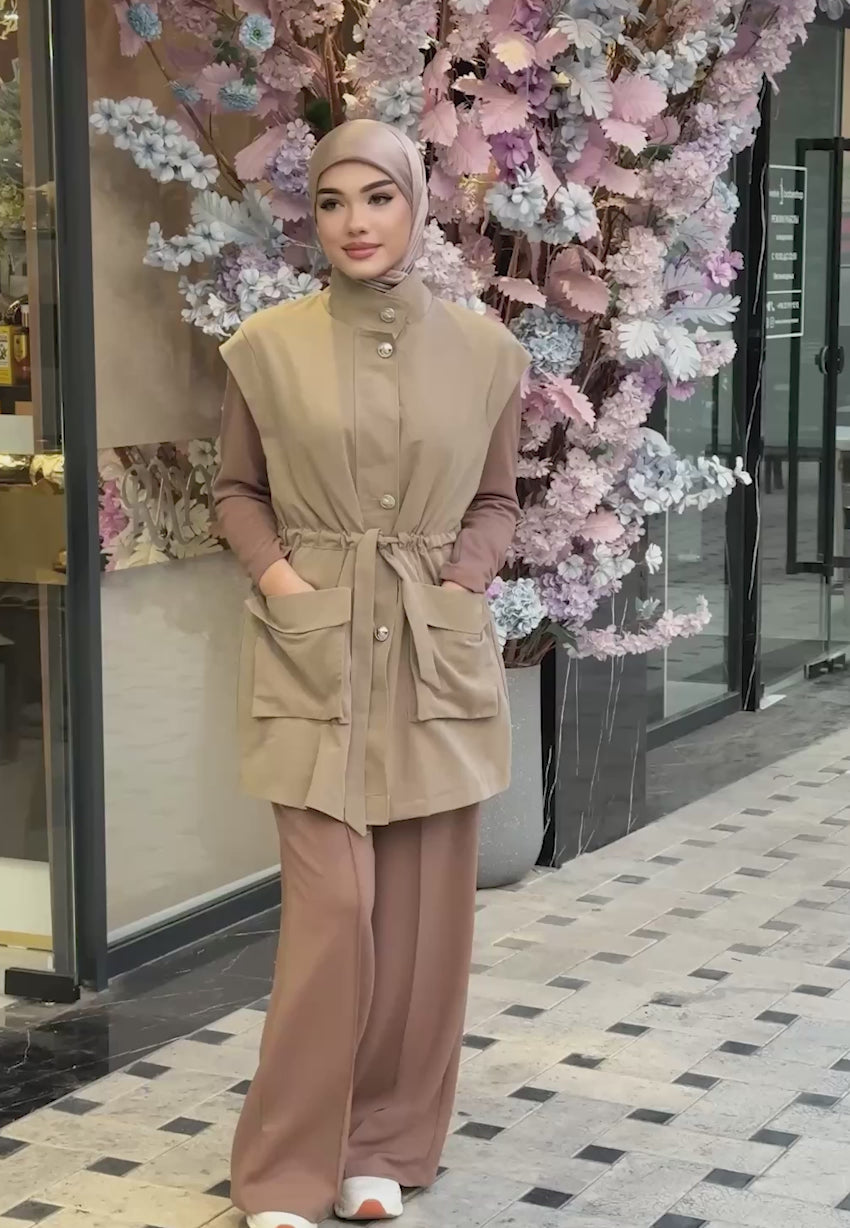 3 lü takım Bej Tesettür Giyim Yelek Sportif